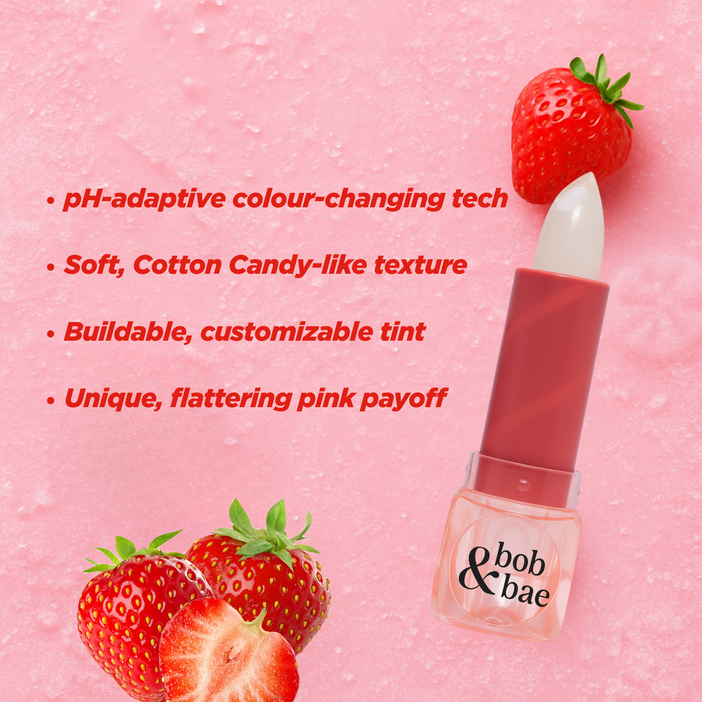 Bob & Bae Cotton Candy pH Lipstick - Strawberry Smooch | Colour Changing Lip Balm + Build-a-Blush | pH Balanced Hydrating Lip Tint | Glides Smooth & Adapts to You | All-Day Tint – 3.5g
