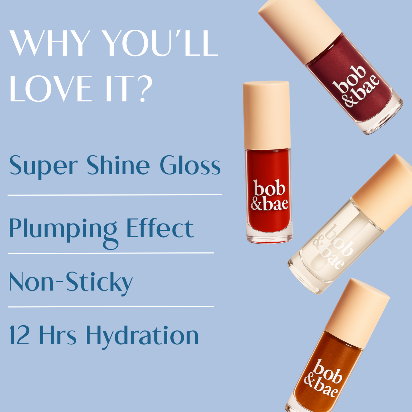Bob & Bae Super Shine Lip Gloss with Hyaluronic Acid  | Super Lightweight & Non-sticky - Pack of 4